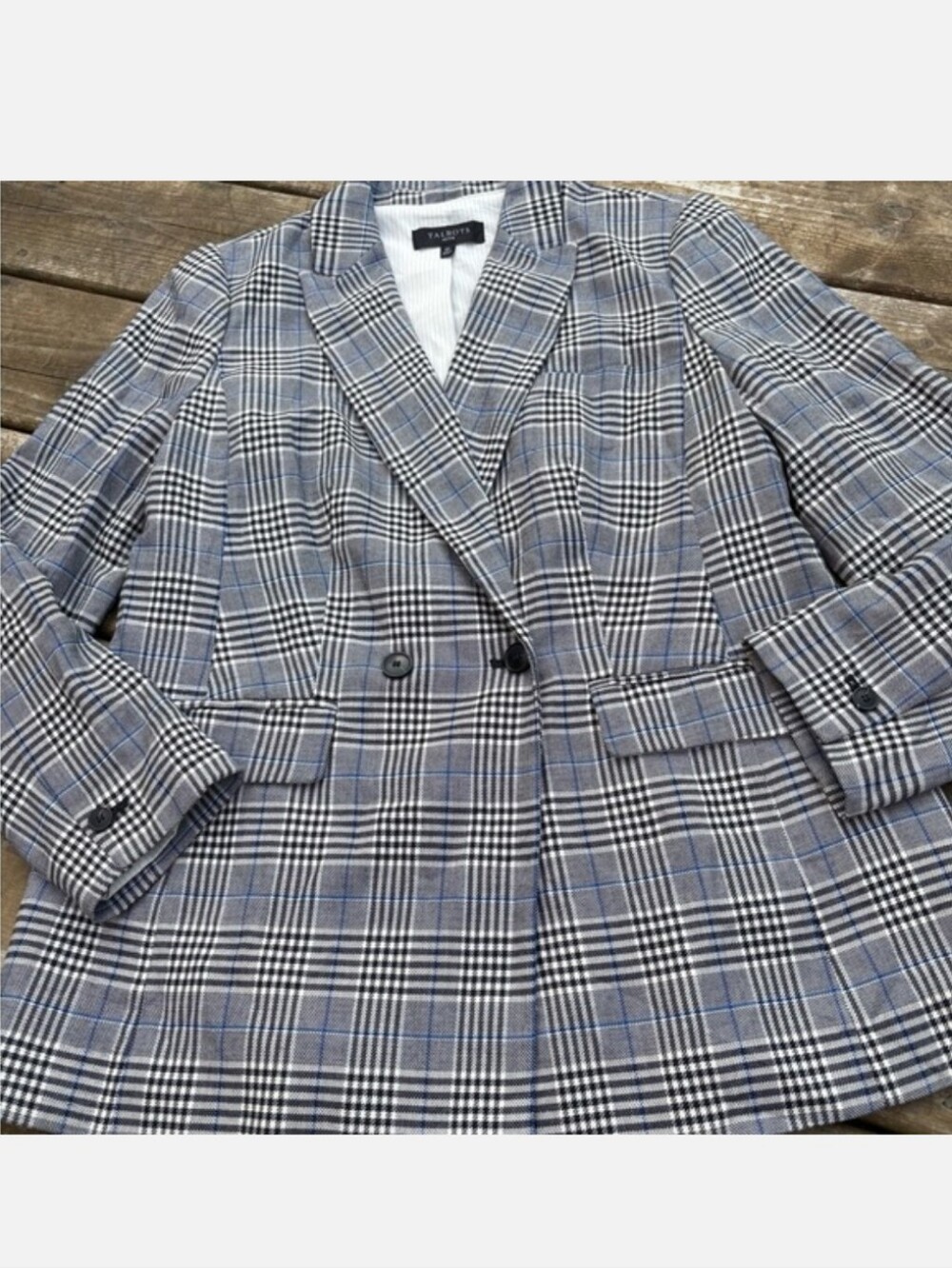Talbots Black/White/Blue Blazer Classic Glen Plaid size 10p